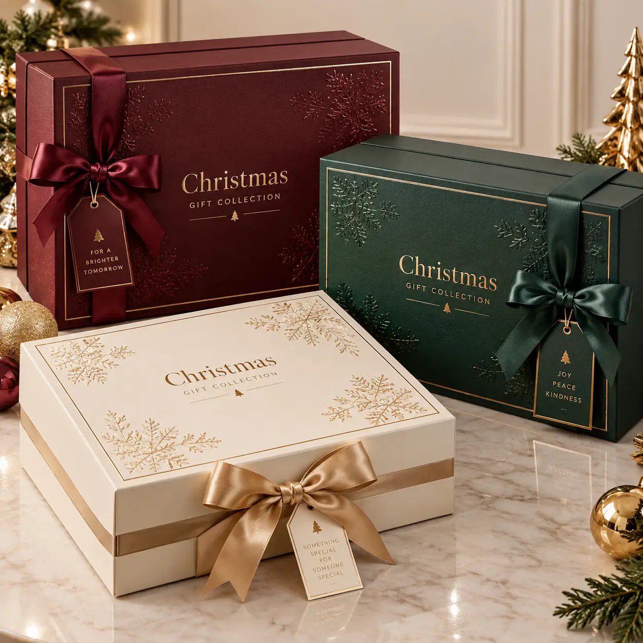 Luxury Christmas gift boxes in burgundy, forest green, and ivory with gold snowflakes, satin bows, and holiday gift tags on marble surface