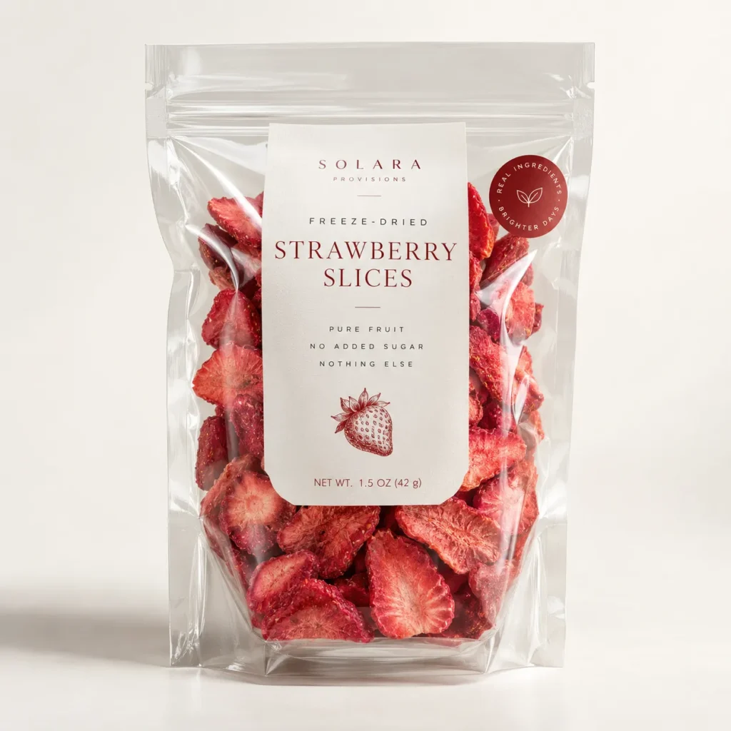 Solara Provisions freeze-dried strawberry slices in clear resealable bag, no added sugar, 1.5oz, minimal white label packaging design