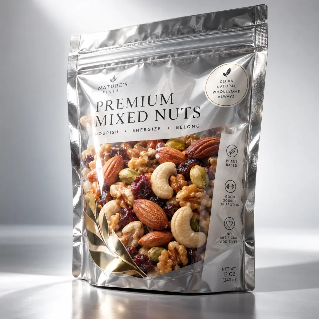 Silver resealable pouch of Nature's Finest Premium Mixed Nuts with cashews, almonds, walnuts, plant-based snack packaging design