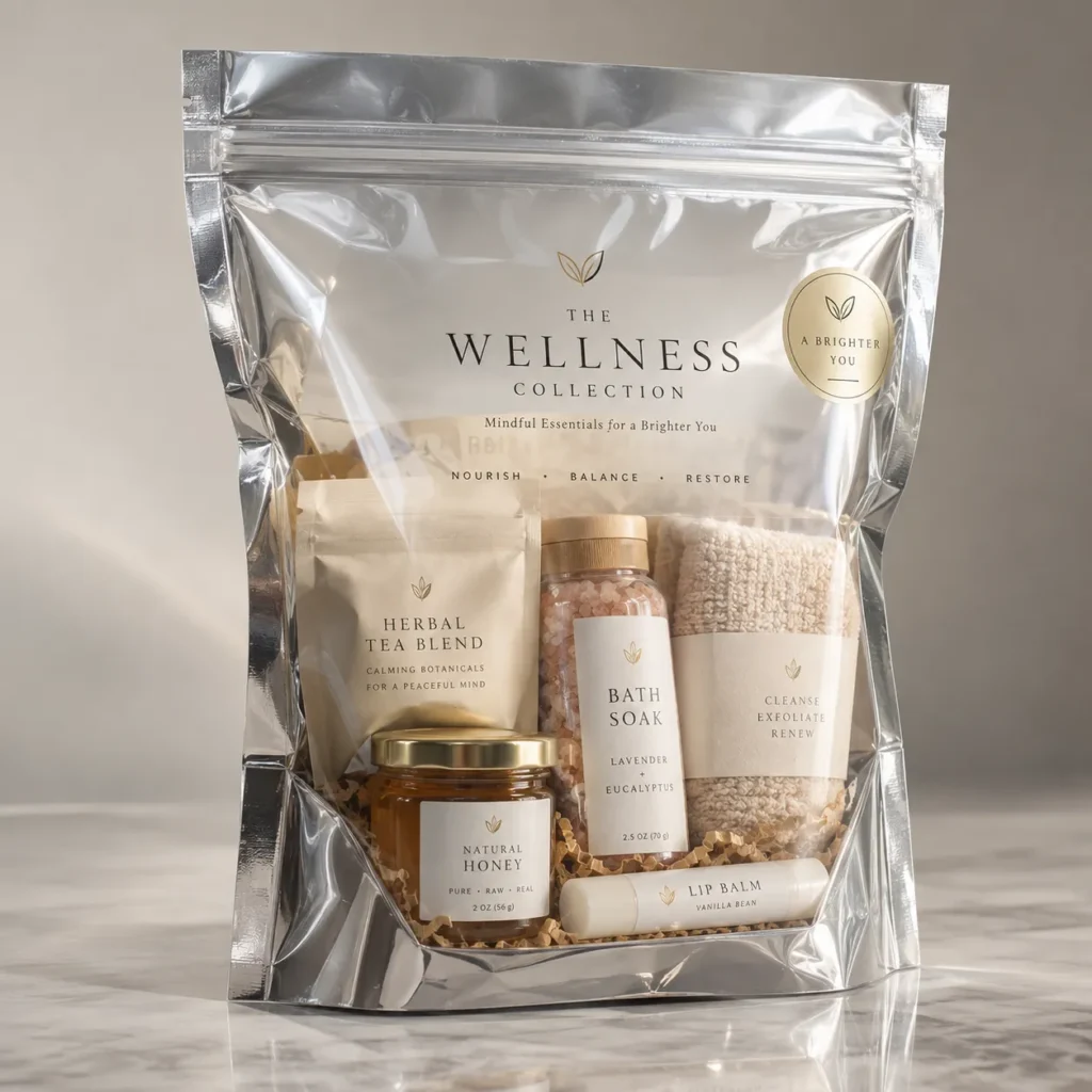 Silver mylar wellness gift bag packaging displaying herbal tea, lavender bath soak, honey jar, and vanilla lip balm in warm neutral tones