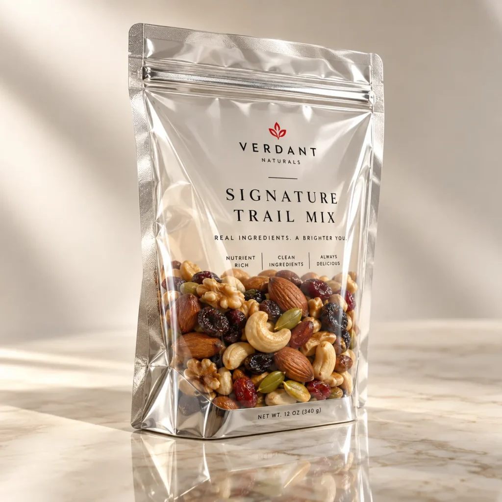 Silver mylar stand-up pouch packaging for Verdant Naturals Signature Trail Mix with nuts and dried fruit, 12oz, marble surface