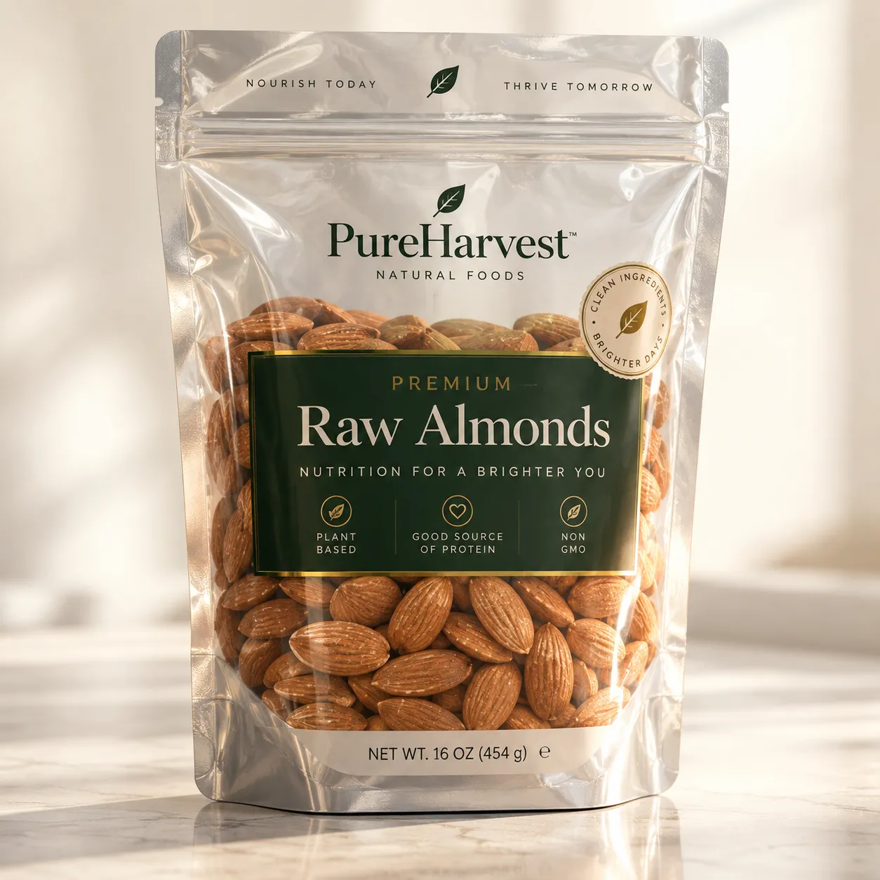 PureHarvest premium raw almonds 16oz silver resealable bag with dark green label, non-GMO plant-based snack packaging design