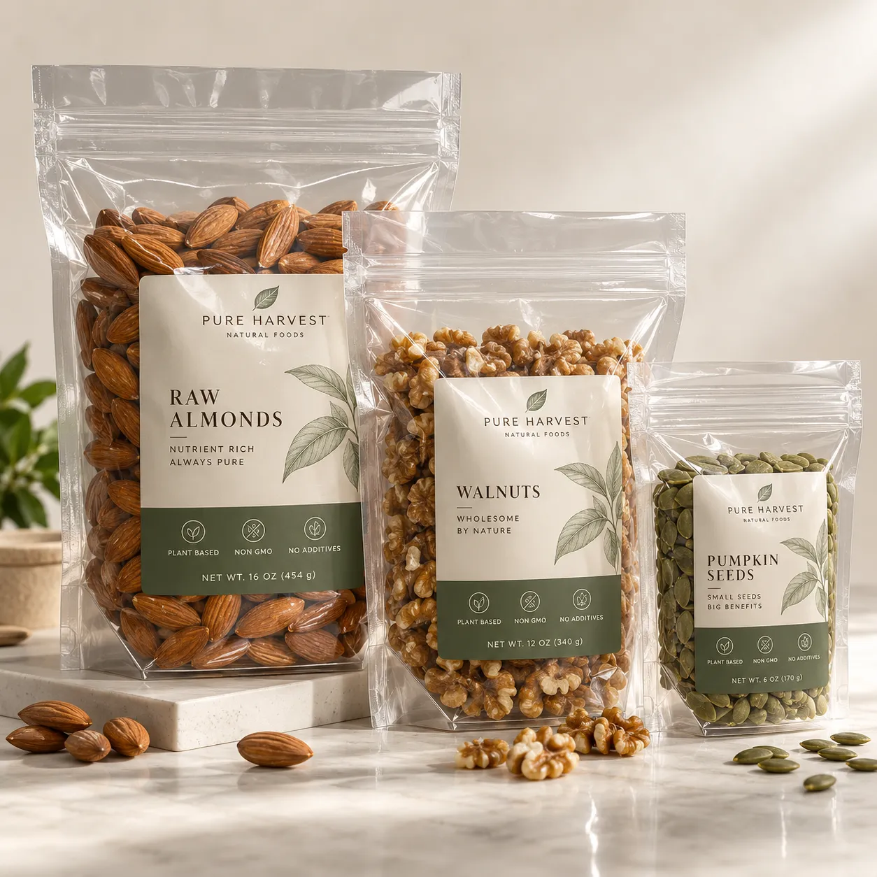 Three Pure Harvest clear resealable food packaging bags containing raw almonds, walnuts, and pumpkin seeds on marble surface
