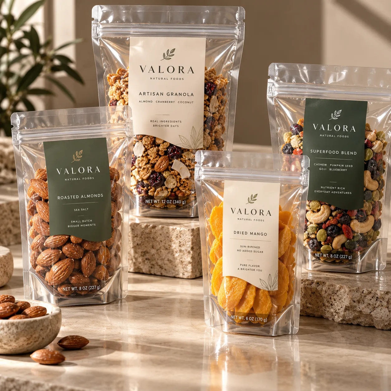 Valora Natural Foods clear resealable pouches displaying roasted almonds, artisan granola, dried mango, and superfood blend on marble surface