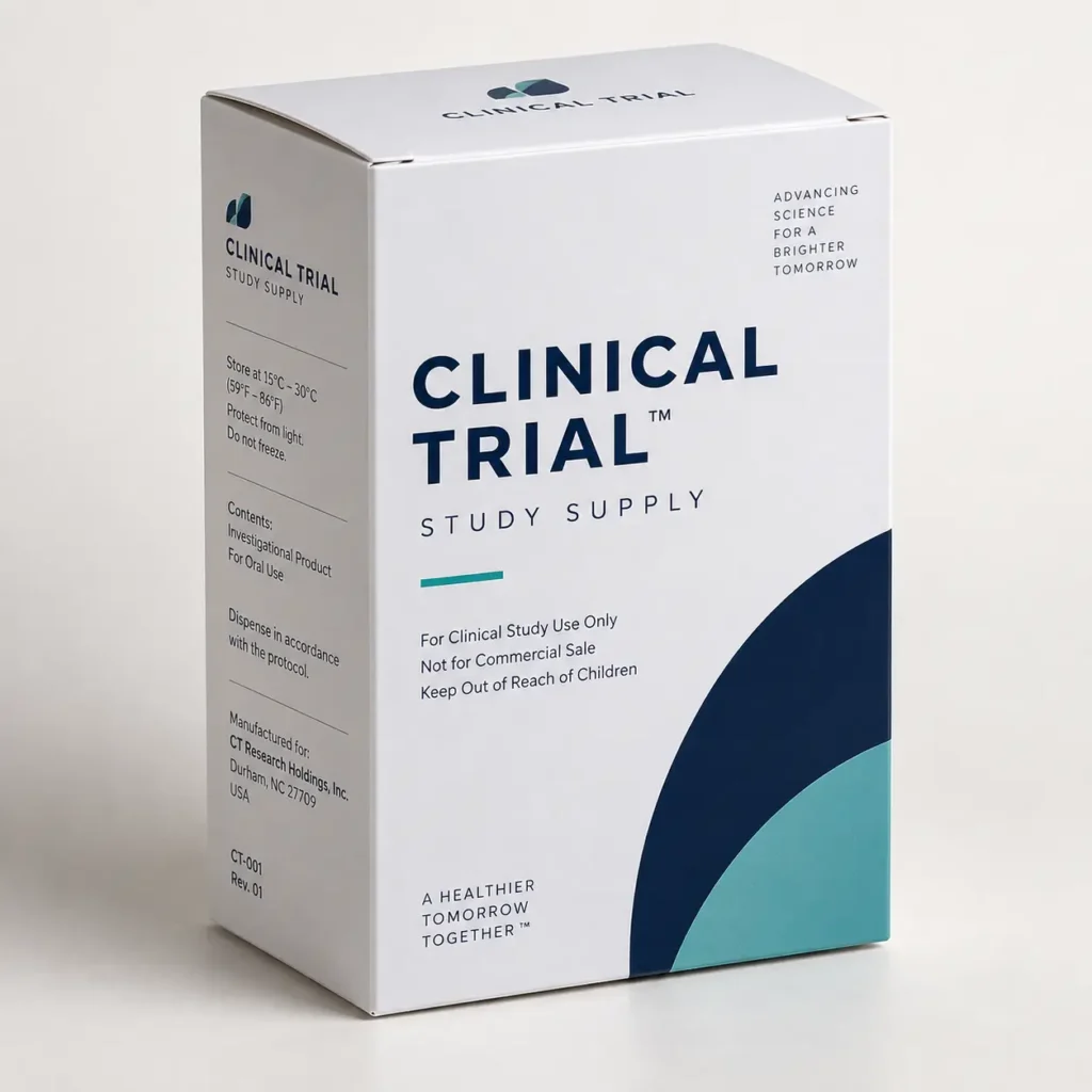 White clinical trial study supply pharmaceutical box with navy blue branding, teal accents, CT Research Holdings packaging design