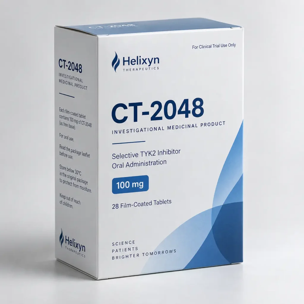 White pharmaceutical clinical trial box CT-2048 TYK2 inhibitor 100mg by Helixyn Therapeutics, blue wave design, professional drug packaging