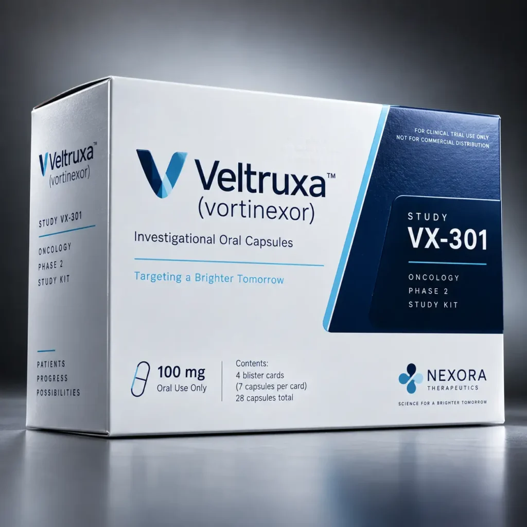 White clinical trial drug packaging box for Veltruxa vortinexor 100mg oncology Phase 2 study kit by Nexora Therapeutics, navy blue accents