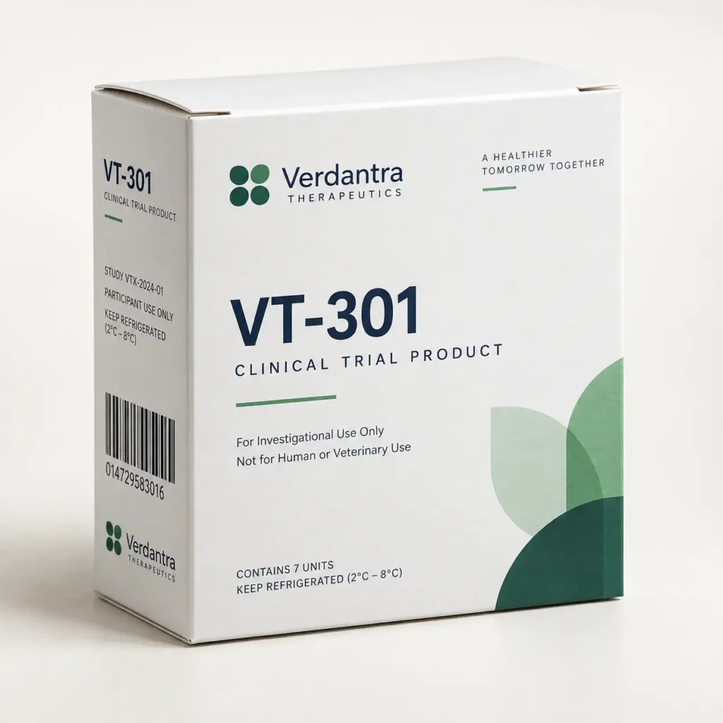 White clinical trial product box VT-301 by Verdantra Therapeutics with green geometric design, pharmaceutical packaging on light background