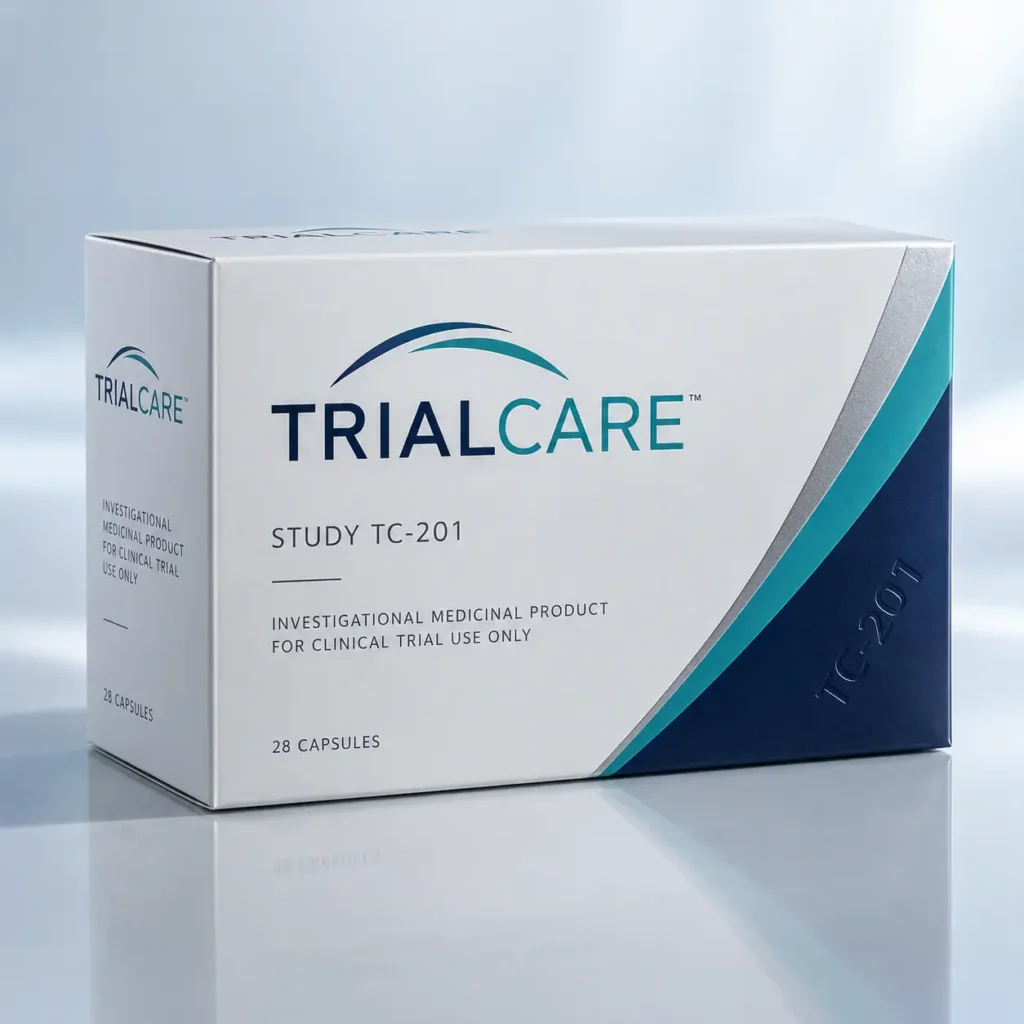 White clinical trial medication box TrialCare TC-201 investigational drug packaging 28 capsules teal navy professional pharmaceutical design