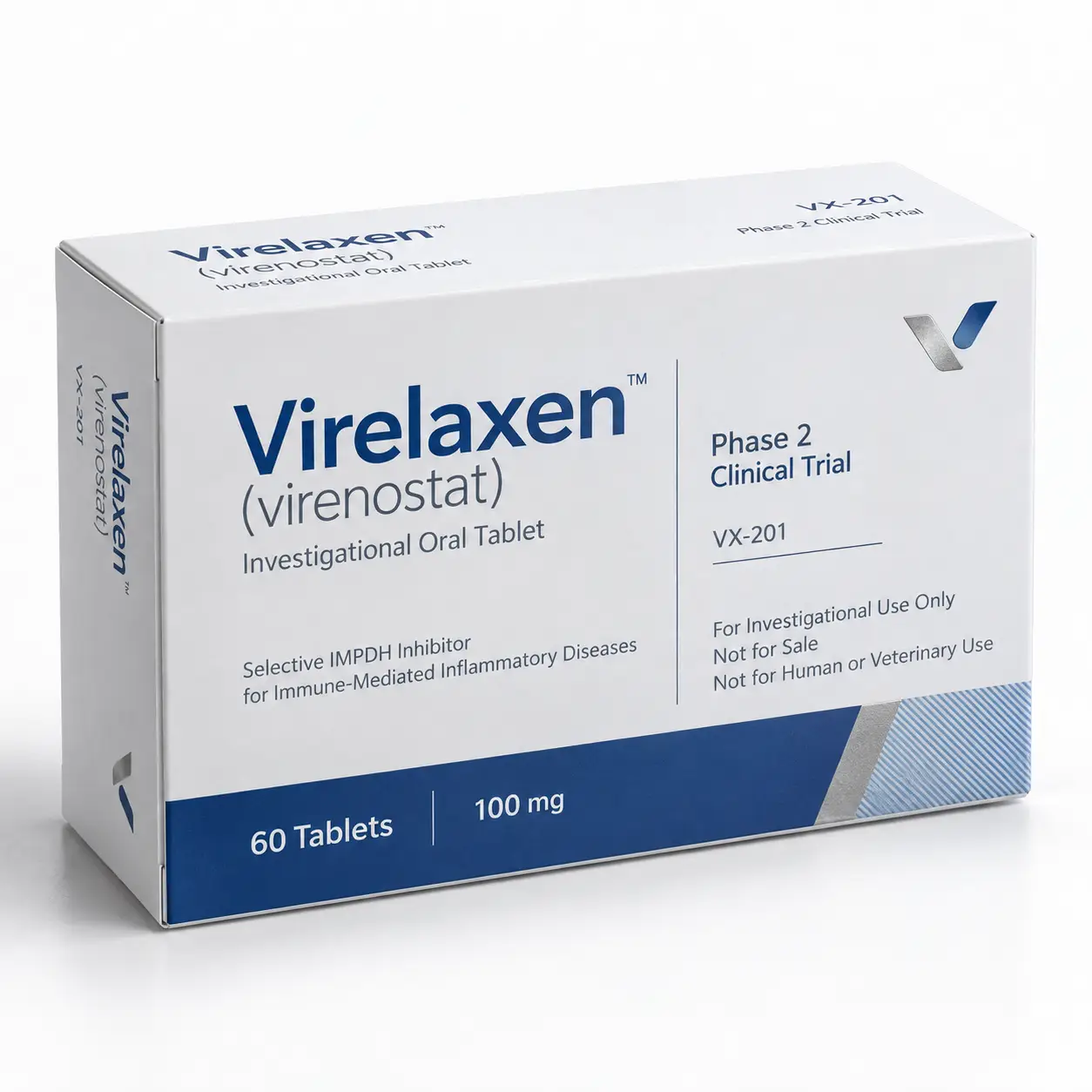 White and blue clinical trial drug box for Virelaxen virenostat 100mg investigational oral tablet Phase 2 packaging design