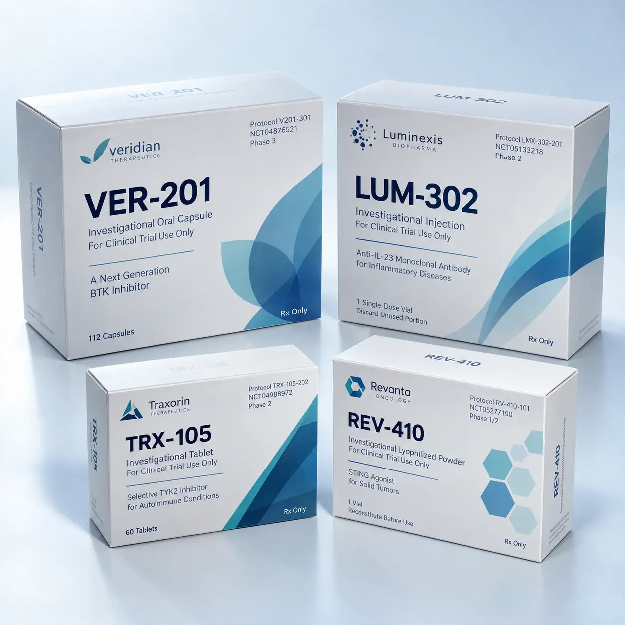 Four white clinical trial drug packaging boxes with blue designs for VER-201, LUM-302, TRX-105, and REV-410 pharmaceutical products
