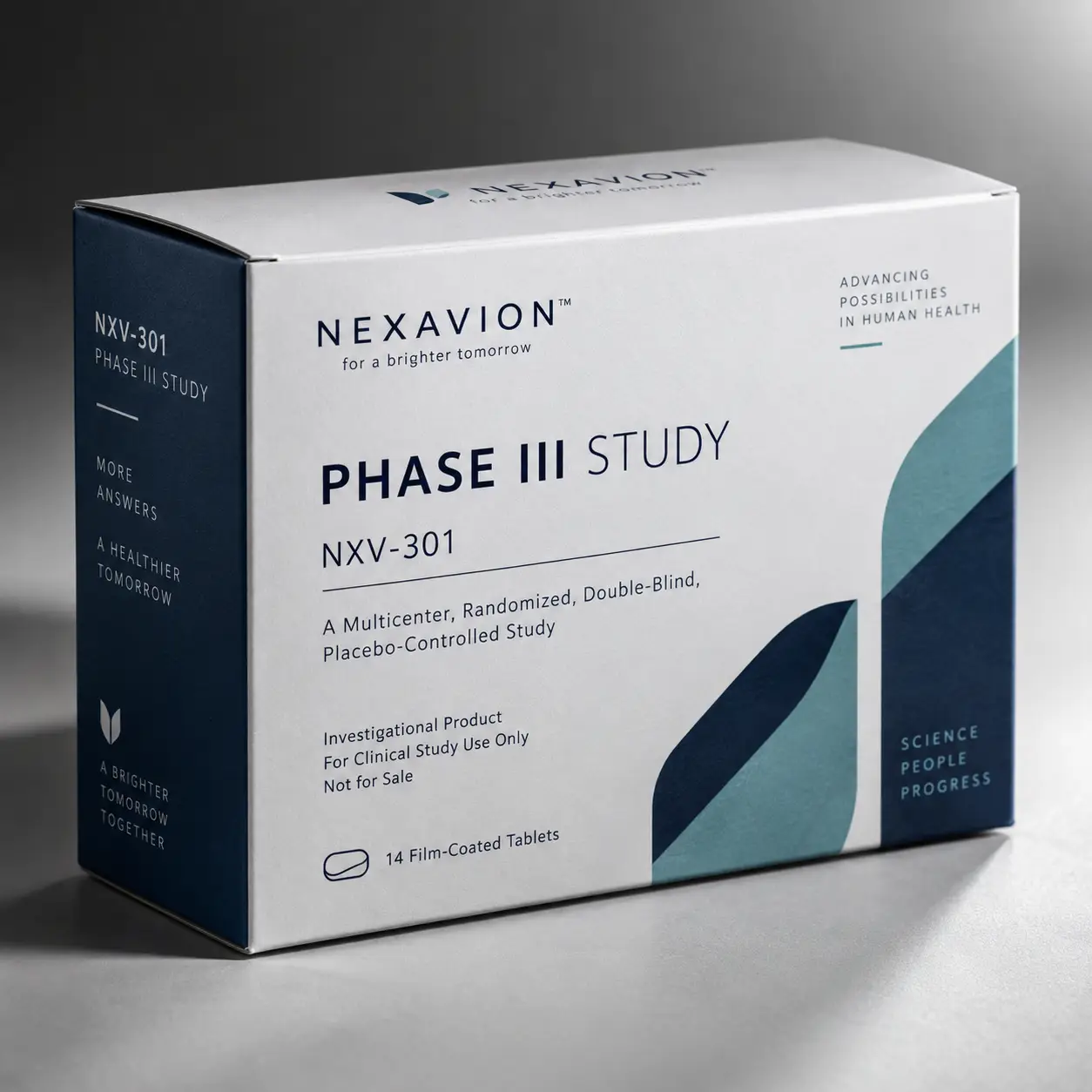 White clinical trial drug packaging box for Nexavion NXV-301 Phase III Study, navy blue and teal design, 14 film-coated tablets
