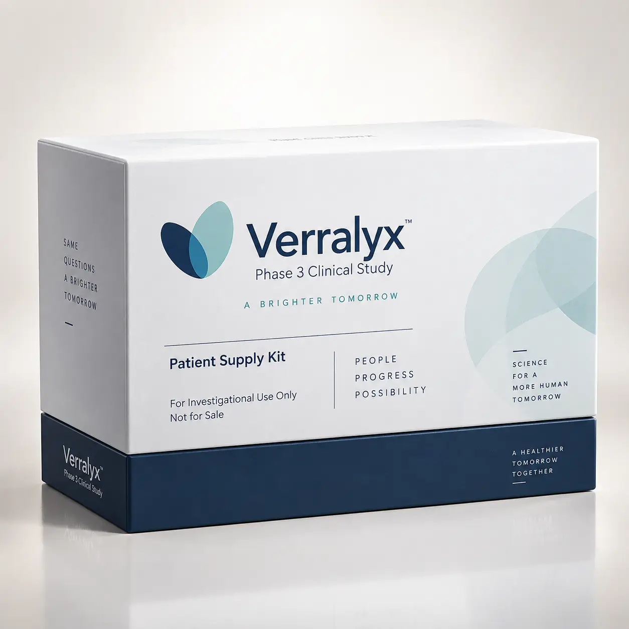 White and navy Verralyx Phase 3 Clinical Study Patient Supply Kit box with teal logo, professional clinical trial packaging design
