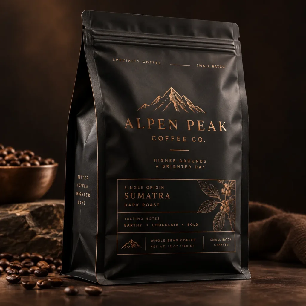 Matte black specialty coffee bag with gold foil branding for Alpen Peak Coffee Co. Sumatra Dark Roast, premium packaging design