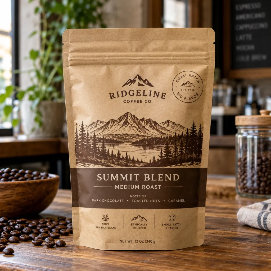 Ridgeline Coffee Co Summit Blend medium roast kraft bag with mountain illustration, 12oz, on rustic wood counter