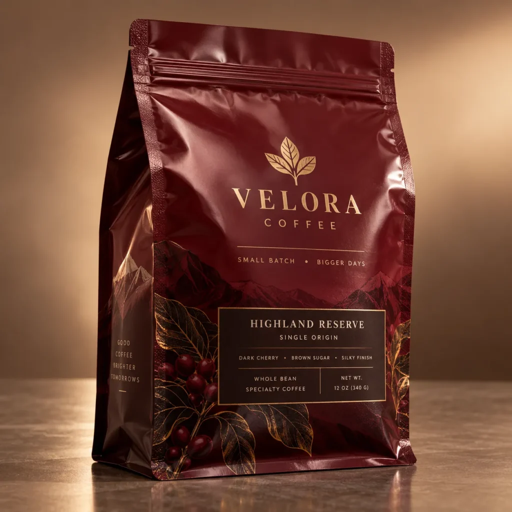 Velora Coffee Highland Reserve premium dark red packaging bag with gold leaf logo, single origin whole bean specialty coffee, 12oz