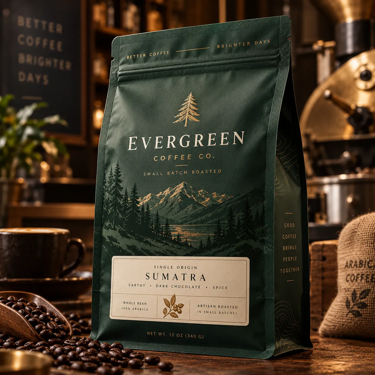Dark green Evergreen Coffee Co. Sumatra single origin 12oz bag with gold pine tree logo, mountain landscape, artisan roasted packaging design