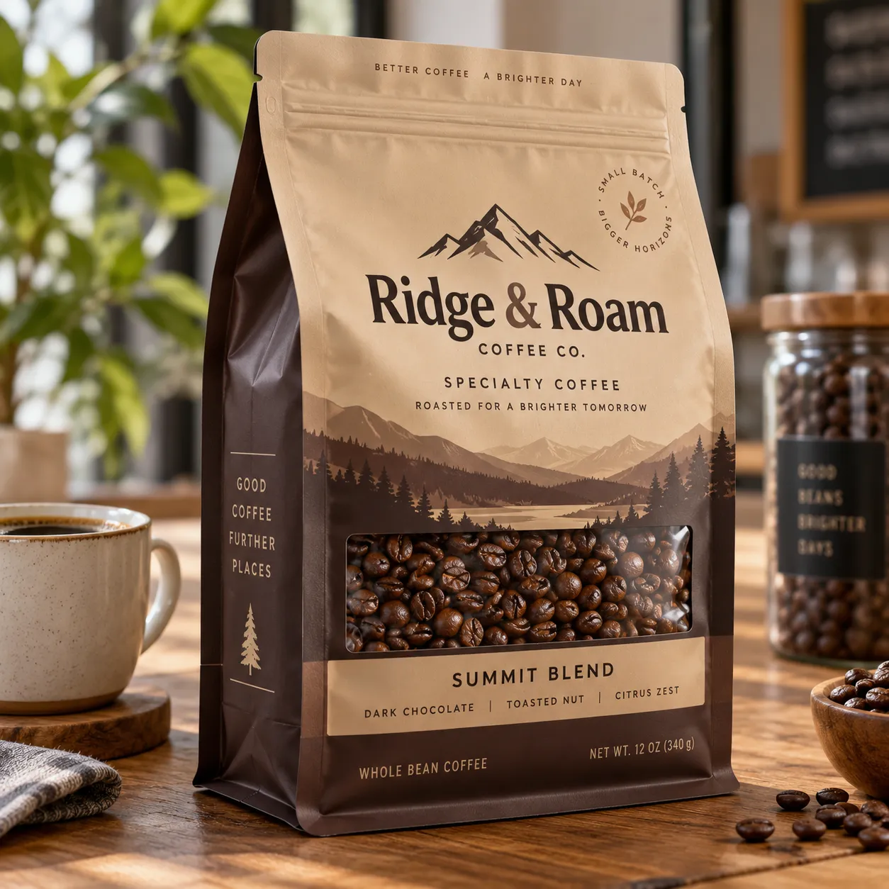 Ridge & Roam Coffee Co Summit Blend specialty whole bean coffee bag, brown kraft packaging with mountain landscape, 12oz