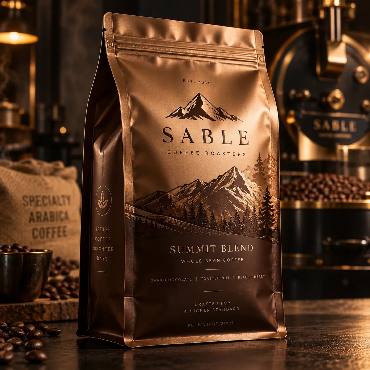 Sable Coffee Roasters Summit Blend whole bean coffee bag in bronze metallic packaging with mountain landscape design