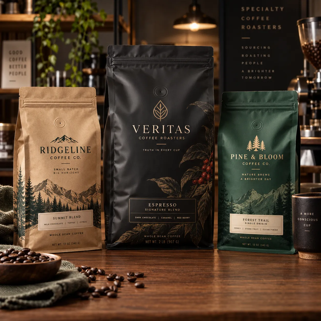 Three specialty coffee bags—kraft, black, green—from Ridgeline, Veritas, and Pine & Bloom displayed on rustic wood counter