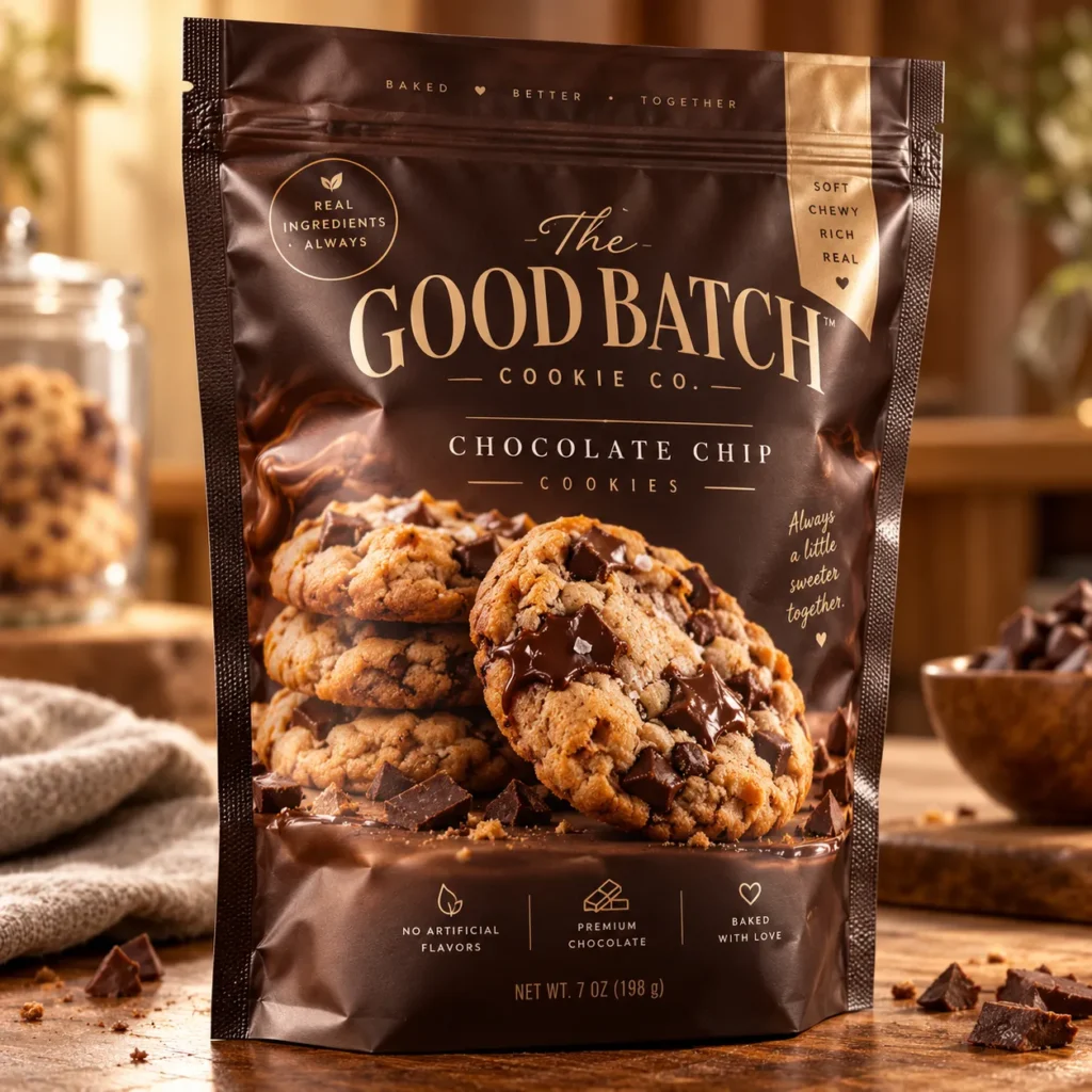 Dark brown cookie packaging bag for The Good Batch Cookie Co. chocolate chip cookies with melted chocolate chunks, warm bakery mood