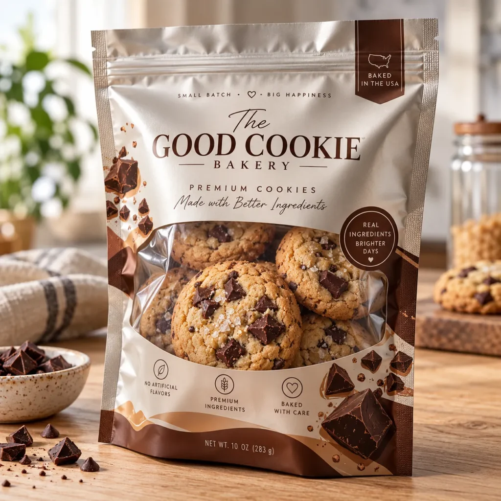 Premium chocolate chip cookie packaging bag by The Good Cookie Bakery, silver brown pouch, 10oz, baked in USA, rustic kitchen setting