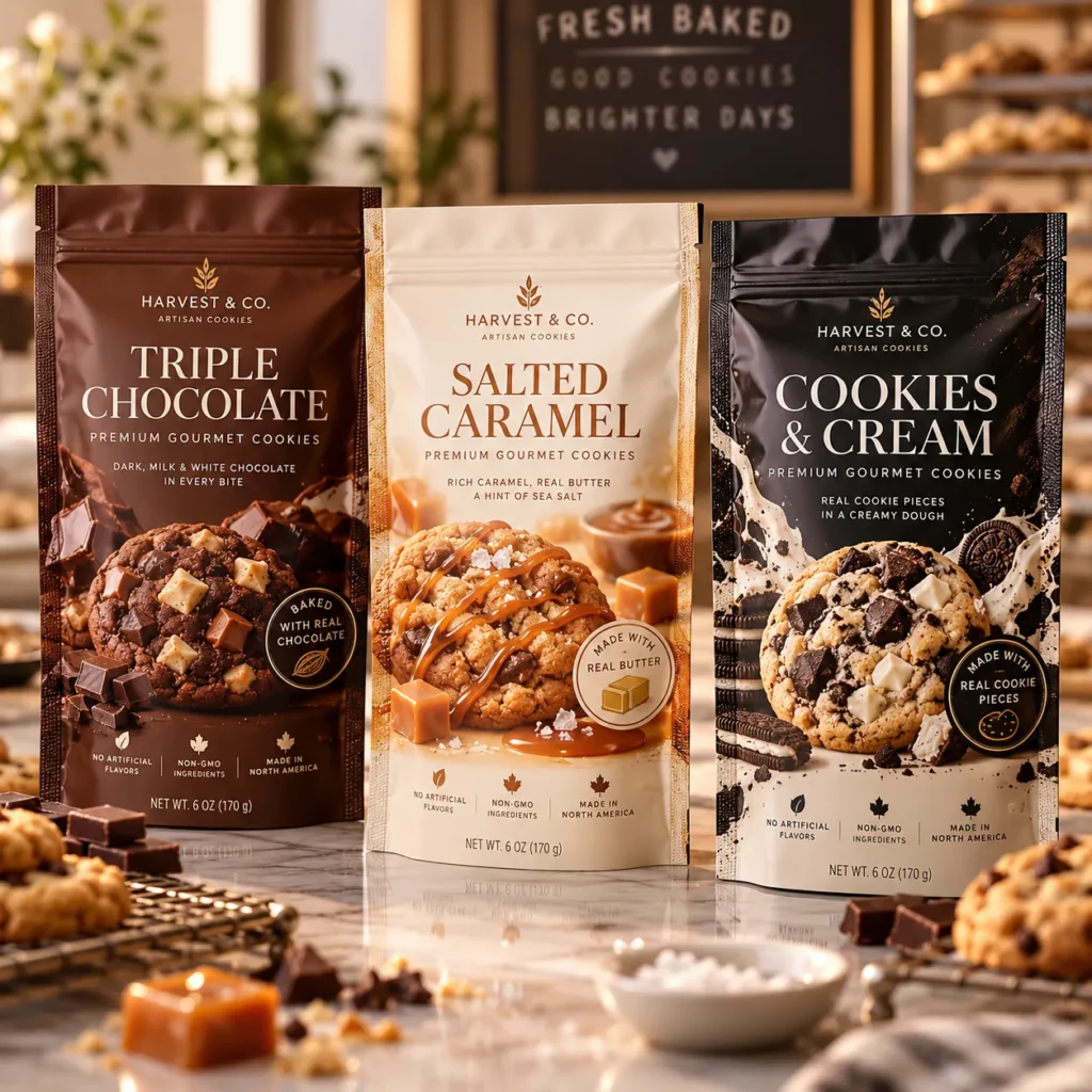 Three Harvest & Co artisan cookie bags—Triple Chocolate, Salted Caramel, Cookies & Cream—displayed in warm bakery setting