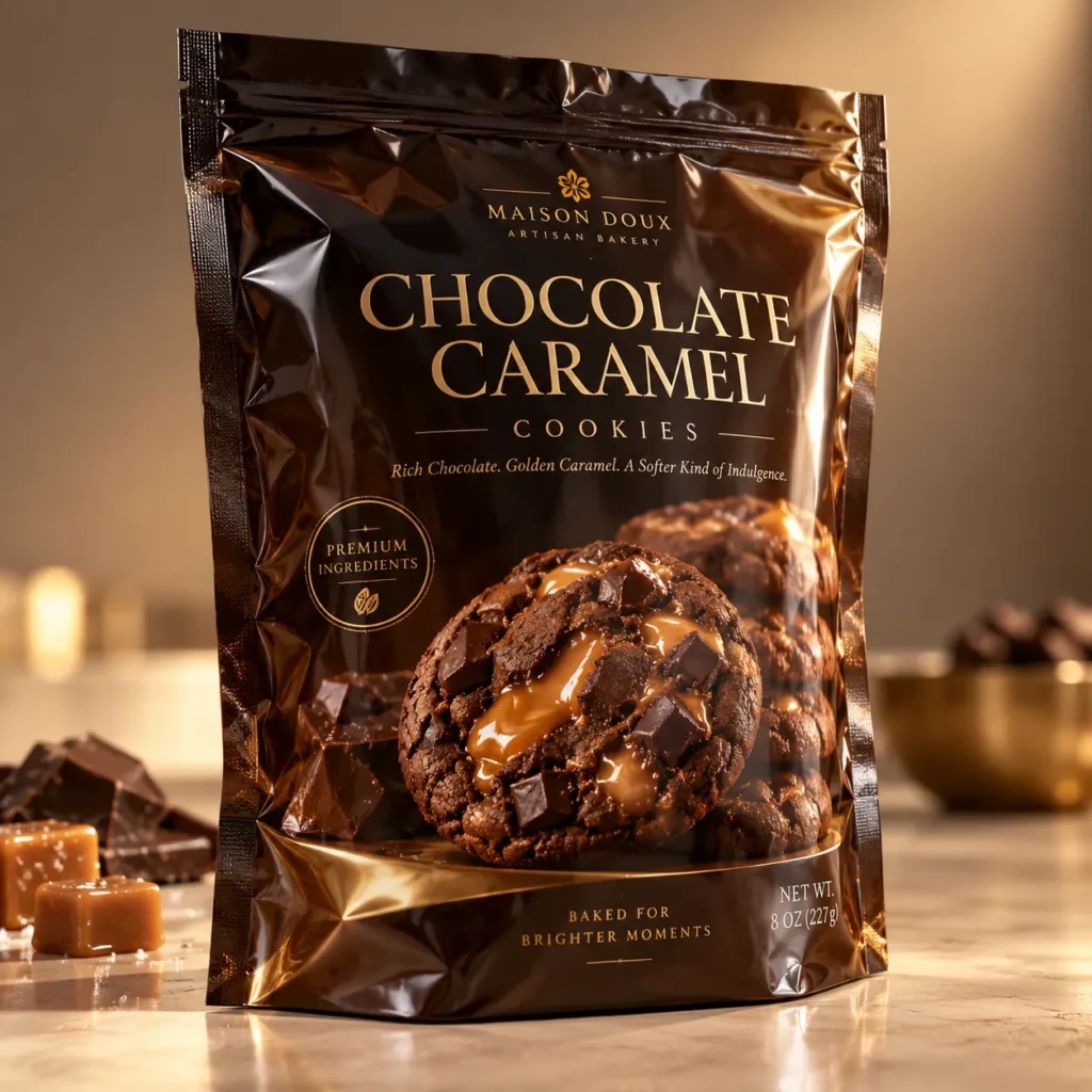 Maison Doux Artisan Bakery chocolate caramel cookies premium dark brown glossy resealable packaging bag with gold typography, 8oz