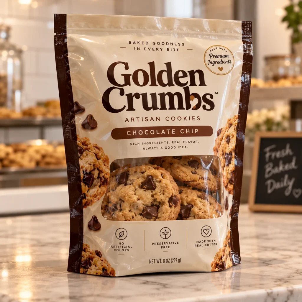 Golden Crumbs chocolate chip artisan cookies 8oz resealable bag with premium ingredients label on marble bakery counter