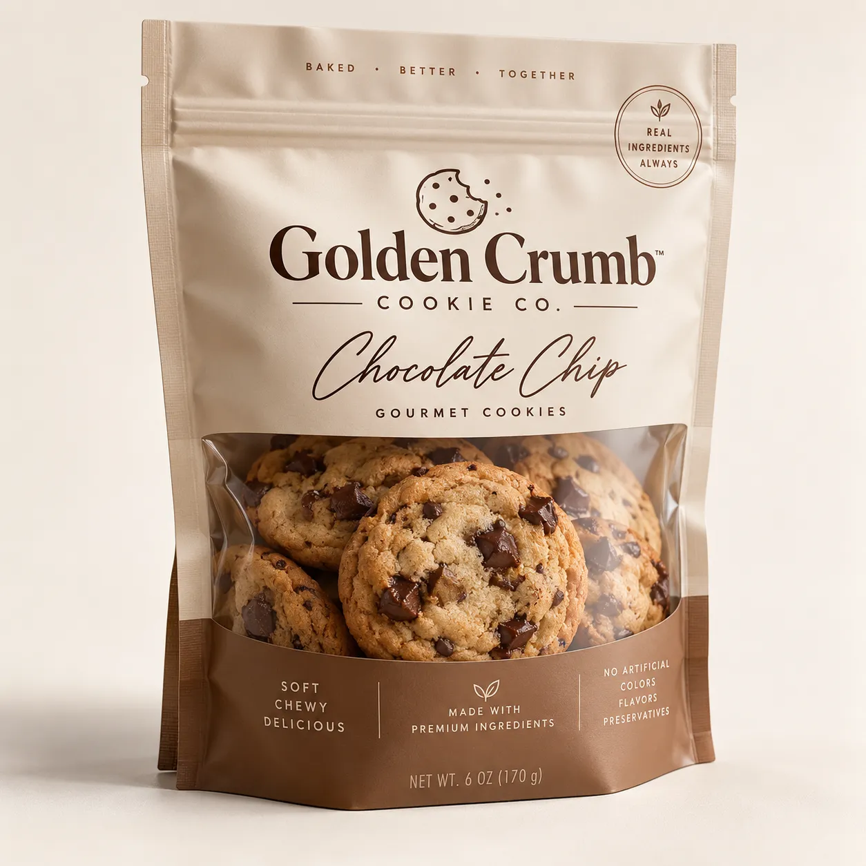 Golden Crumb Cookie Co. chocolate chip gourmet cookies resealable kraft bag, soft chewy premium packaging design, 6oz brown pouch