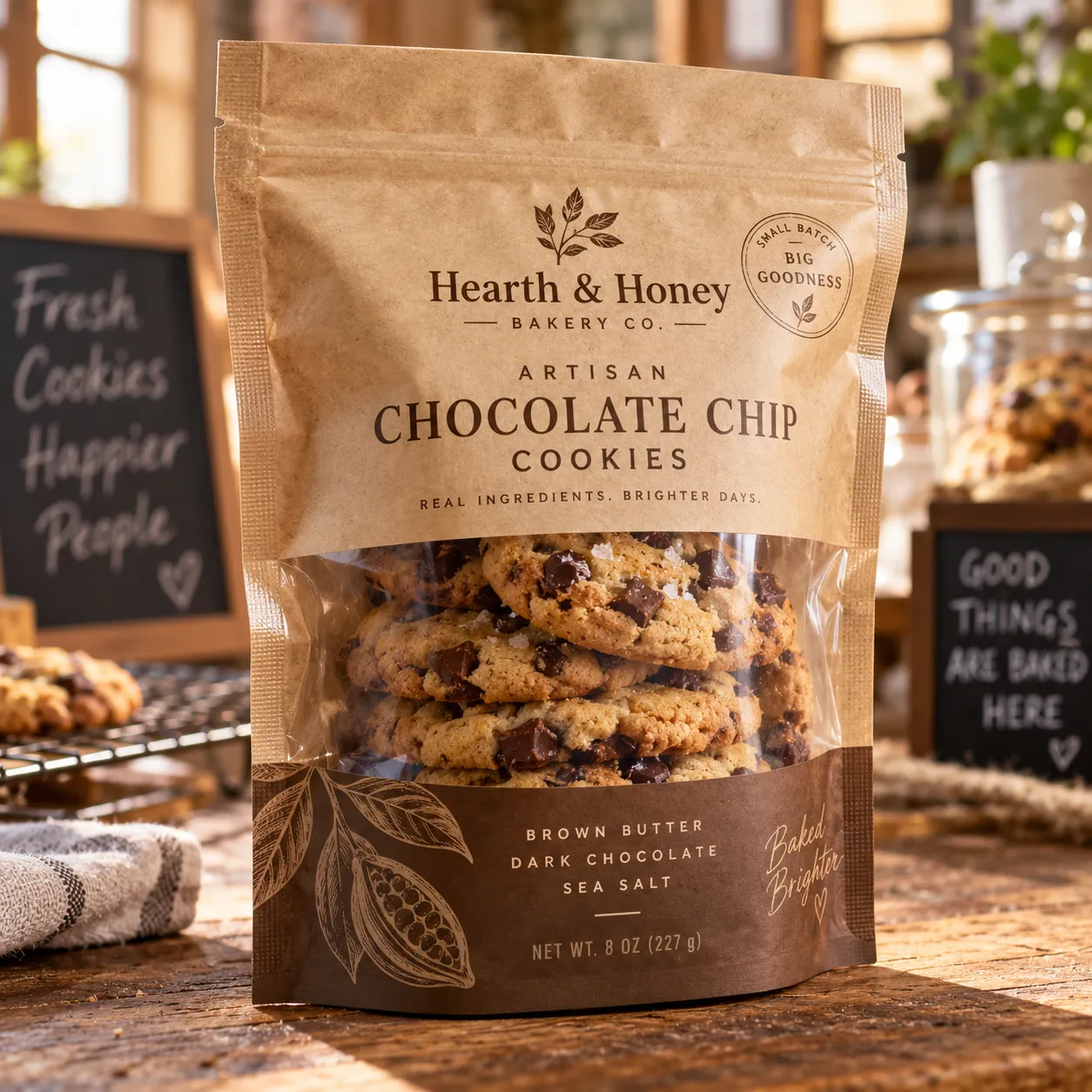 Kraft paper cookie packaging bag for Hearth & Honey Bakery artisan chocolate chip cookies with brown butter and sea salt, 8oz