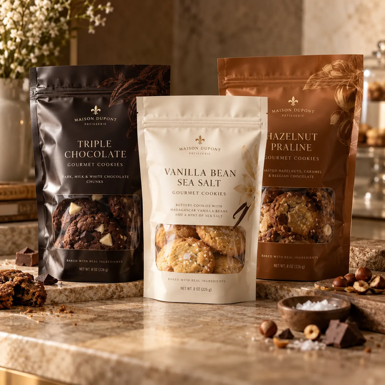 Three Maison Dupont gourmet cookie packaging bags in black, cream, and brown displaying Triple Chocolate, Vanilla Bean Sea Salt, and Hazelnut Prali...