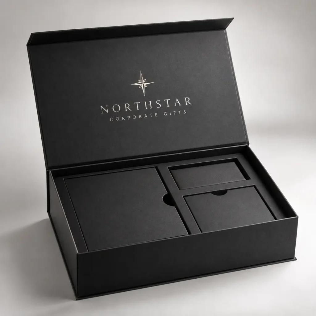 Luxury black magnetic gift box open displaying Northstar Corporate Gifts silver logo with compartments for premium packaging