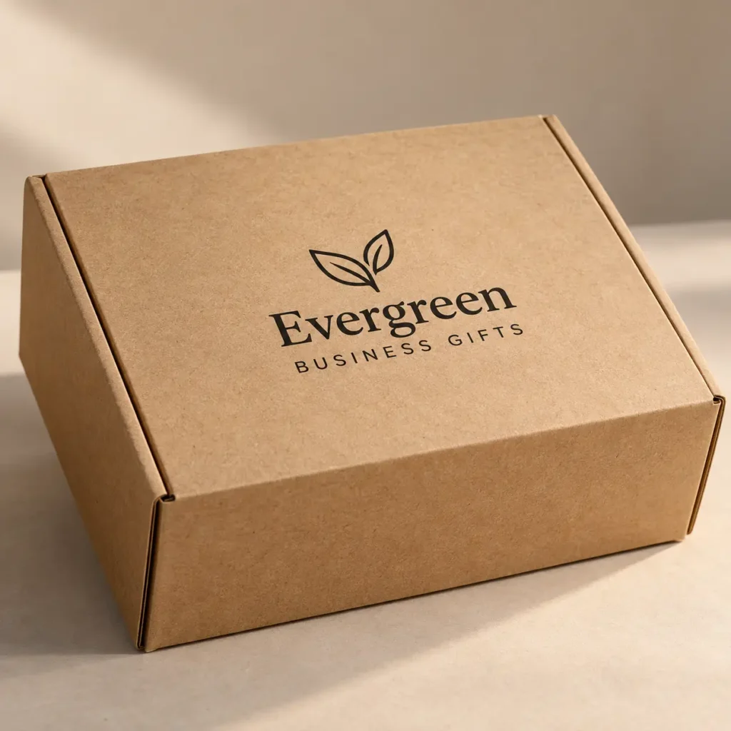 Kraft brown custom mailer box with Evergreen Business Gifts logo and leaf icon, warm natural lighting, eco-friendly packaging design
