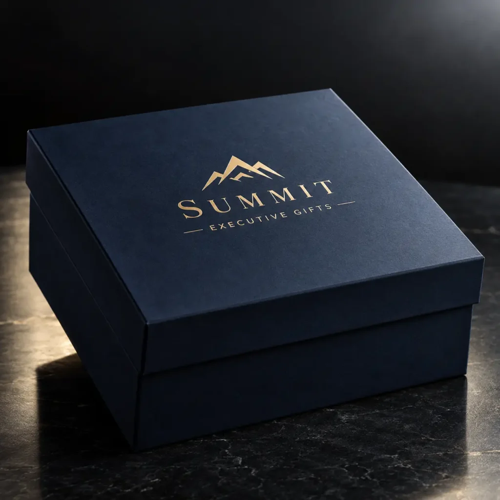 Navy blue luxury gift box with gold foil Summit Executive Gifts logo on dark marble surface, premium custom packaging