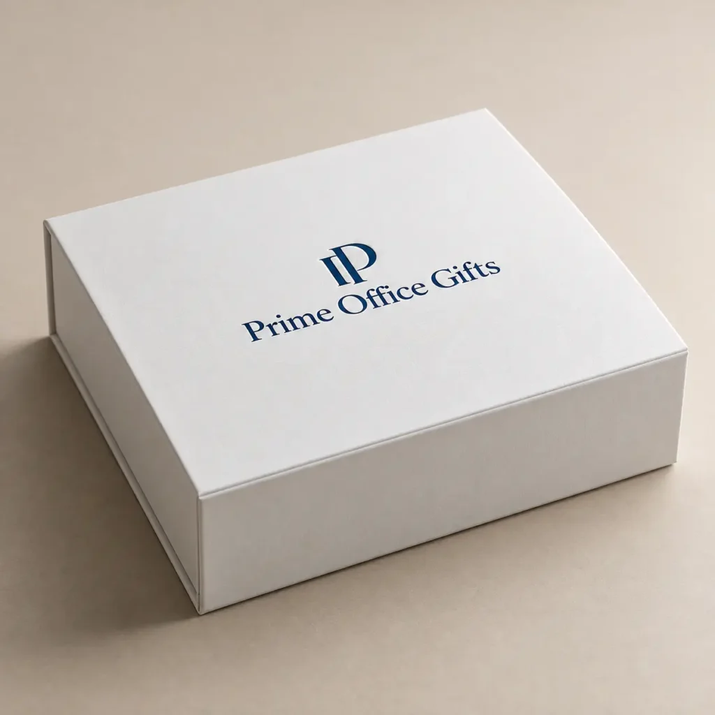 White magnetic gift box with navy blue Prime Office Gifts logo, premium corporate packaging on beige background