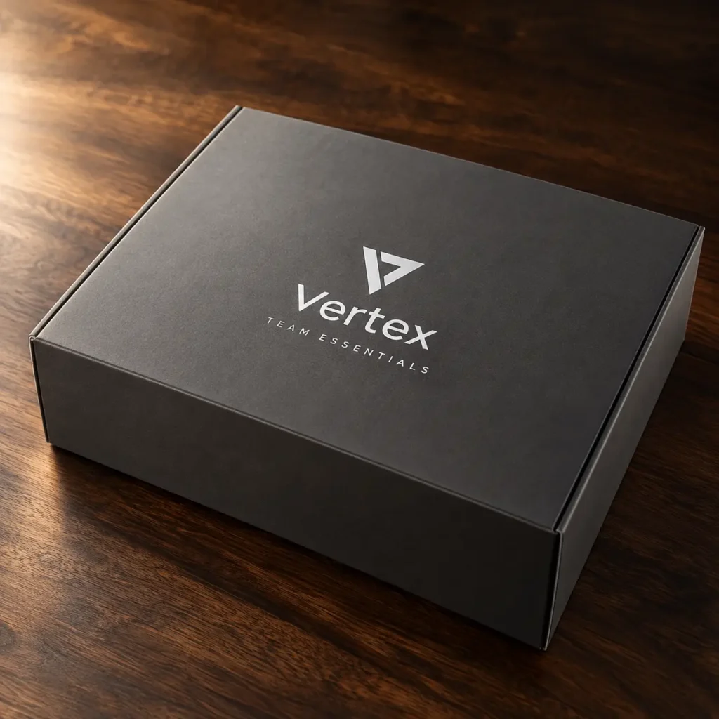 Dark matte black custom branded mailer box with silver Vertex Team Essentials logo on warm wood surface