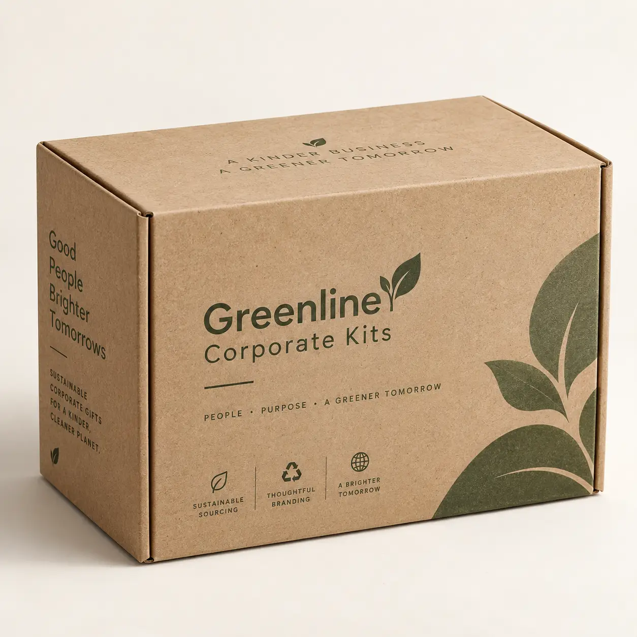 Kraft brown Greenline Corporate Kits sustainable eco-friendly gift box with green leaf design and recycling icons on white background