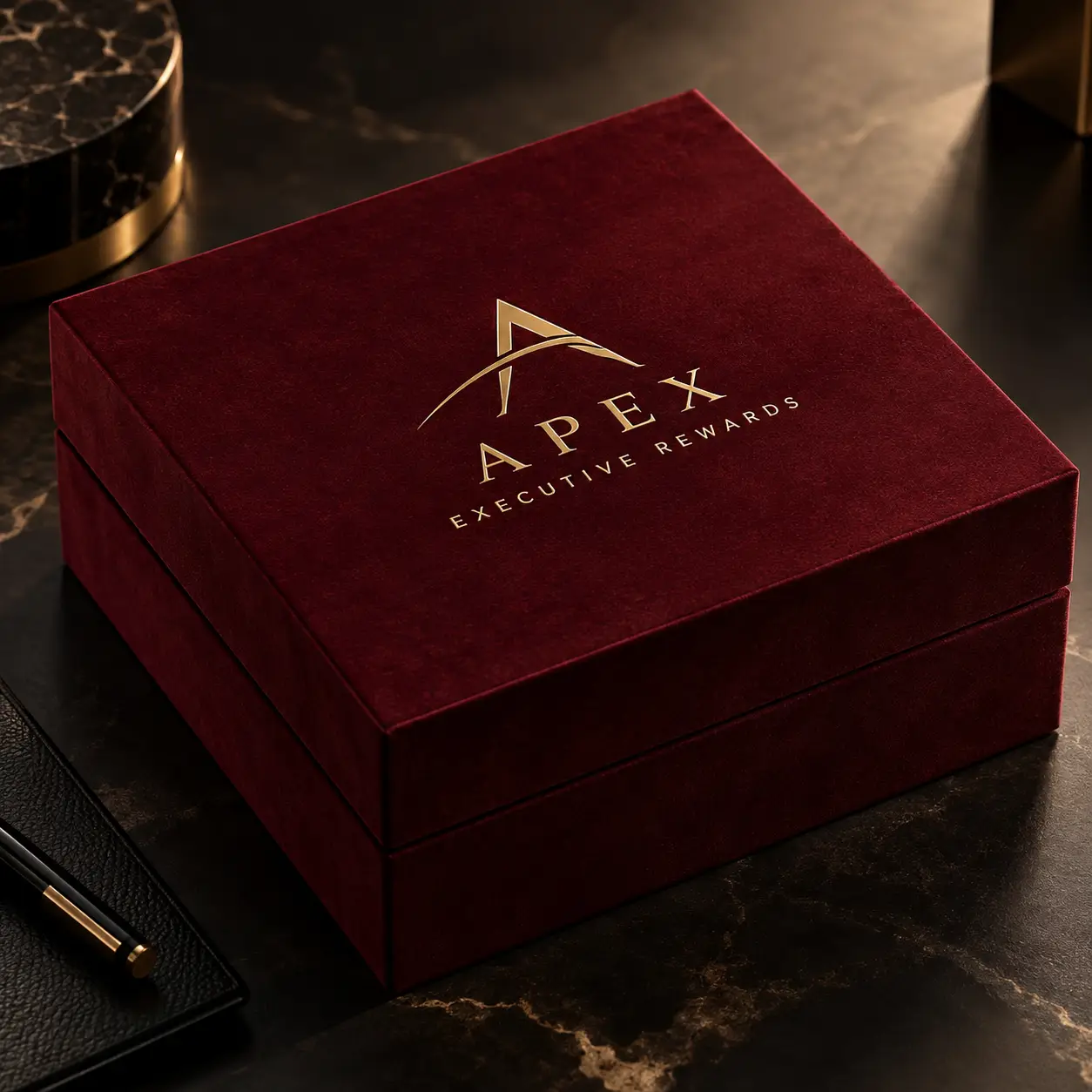 Luxury burgundy velvet gift box with gold foil Apex Executive Rewards logo on dark marble surface with pen and leather notebook