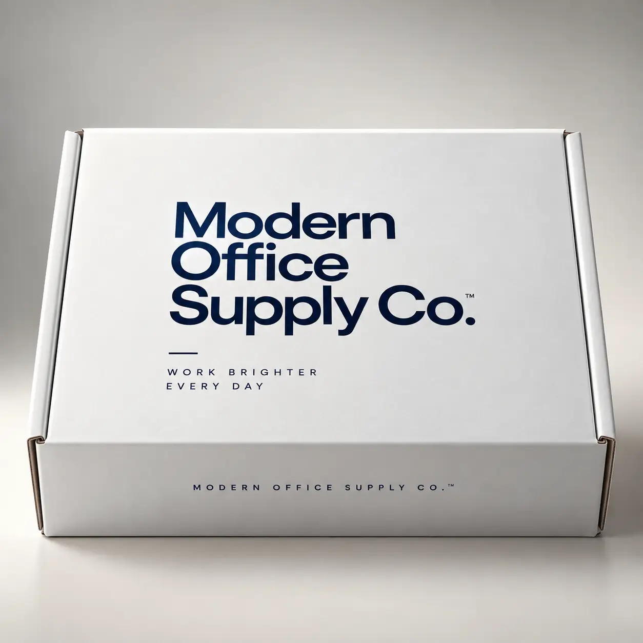 White custom mailer box with navy blue Modern Office Supply Co. branding and Work Brighter Every Day tagline