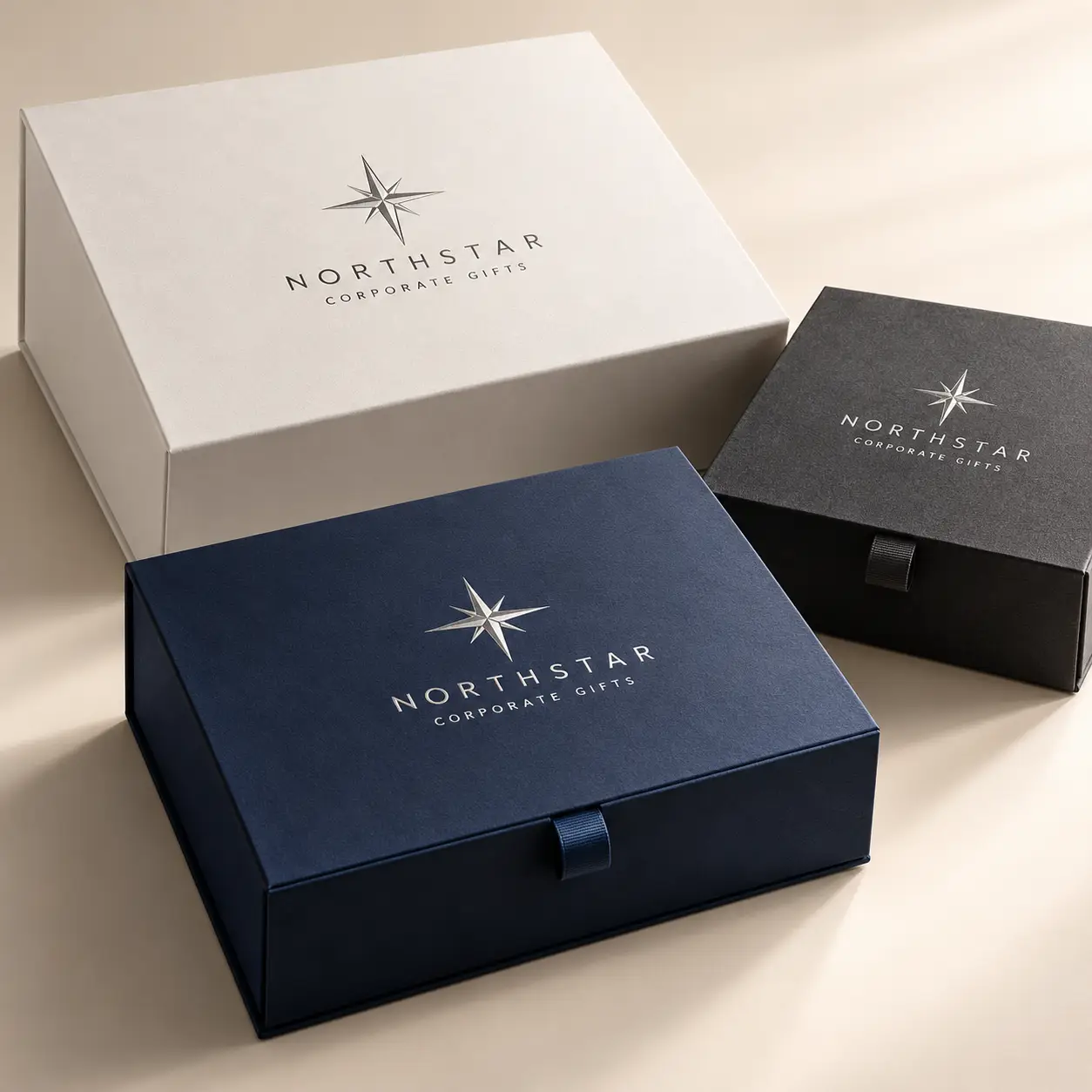 Three luxury corporate gift boxes in navy, white, and black with silver Northstar logo foil stamping on beige surface