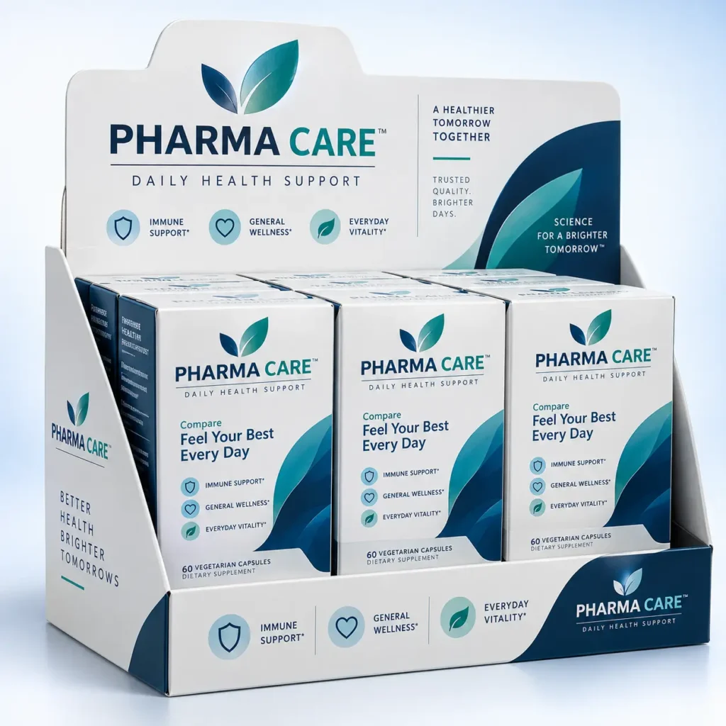 Pharma Care Daily Health Support retail display box with 6 white teal supplement bottles, immune wellness packaging design