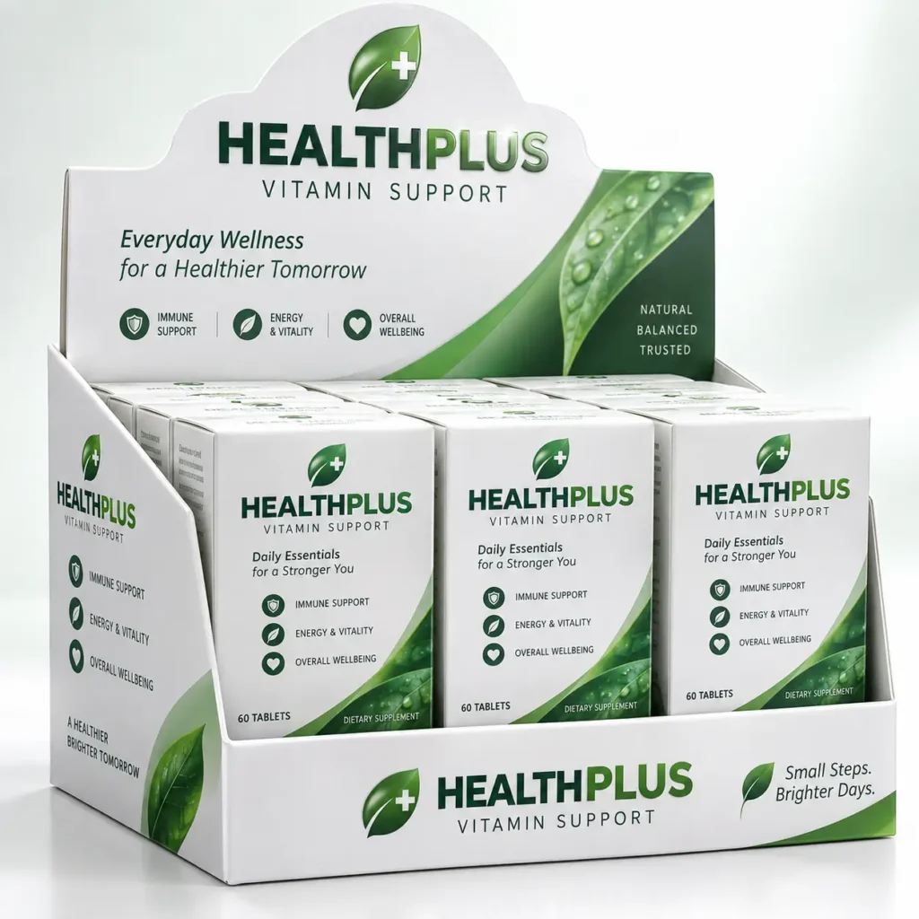 HealthPlus Vitamin Support retail display box with white-green supplement packaging, 60-tablet immune support daily essentials counter display