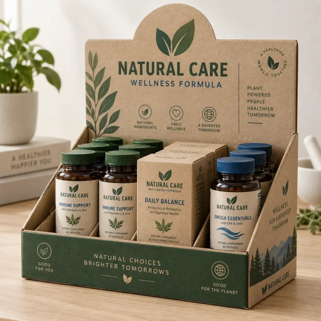 Natural Care Wellness Formula retail display box with Immune Support, Daily Balance, and Omega Essentials supplement bottles in kraft cardboard pac...