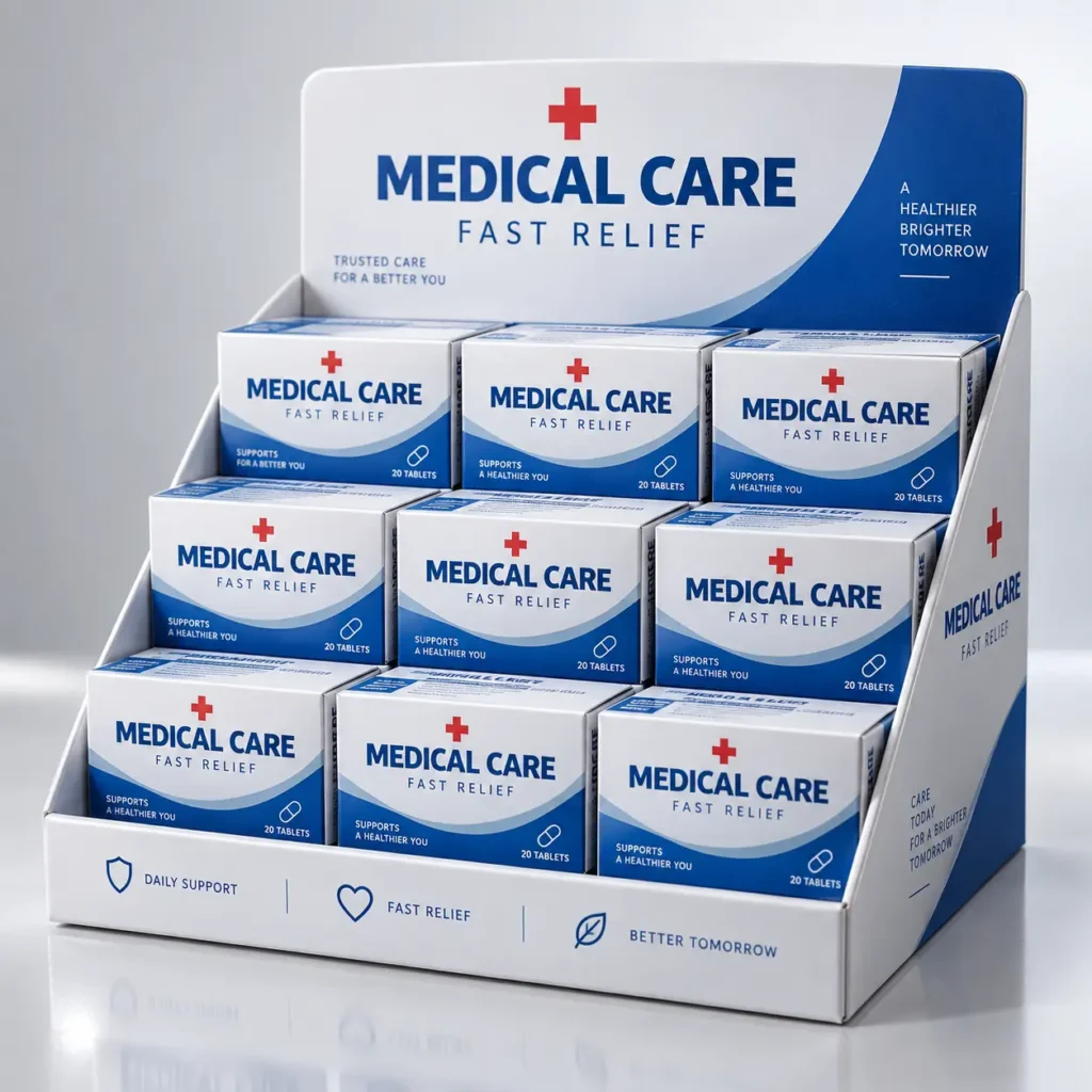 White and blue Medical Care Fast Relief tablet display box with 9 product boxes arranged in tiered retail counter packaging display