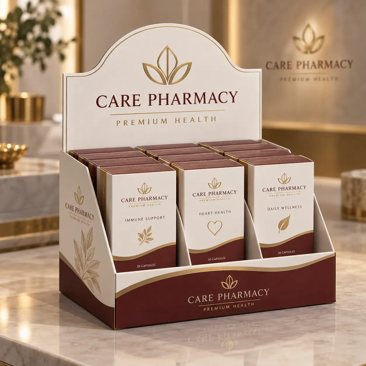 Care Pharmacy Premium Health luxury supplement display box with Immune Support, Heart Health, Daily Wellness capsules in cream and burgundy gold pa...