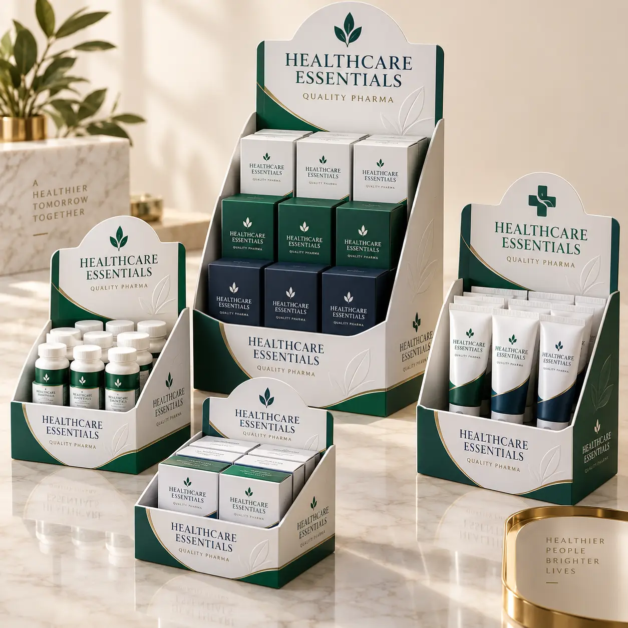 Healthcare Essentials Quality Pharma retail display boxes in white and dark green, featuring tubes, bottles, and cartons on marble surface
