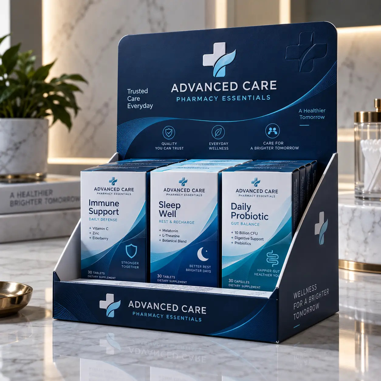Navy blue pharmacy supplement display box showcasing Advanced Care Immune Support, Sleep Well, and Daily Probiotic on marble surface