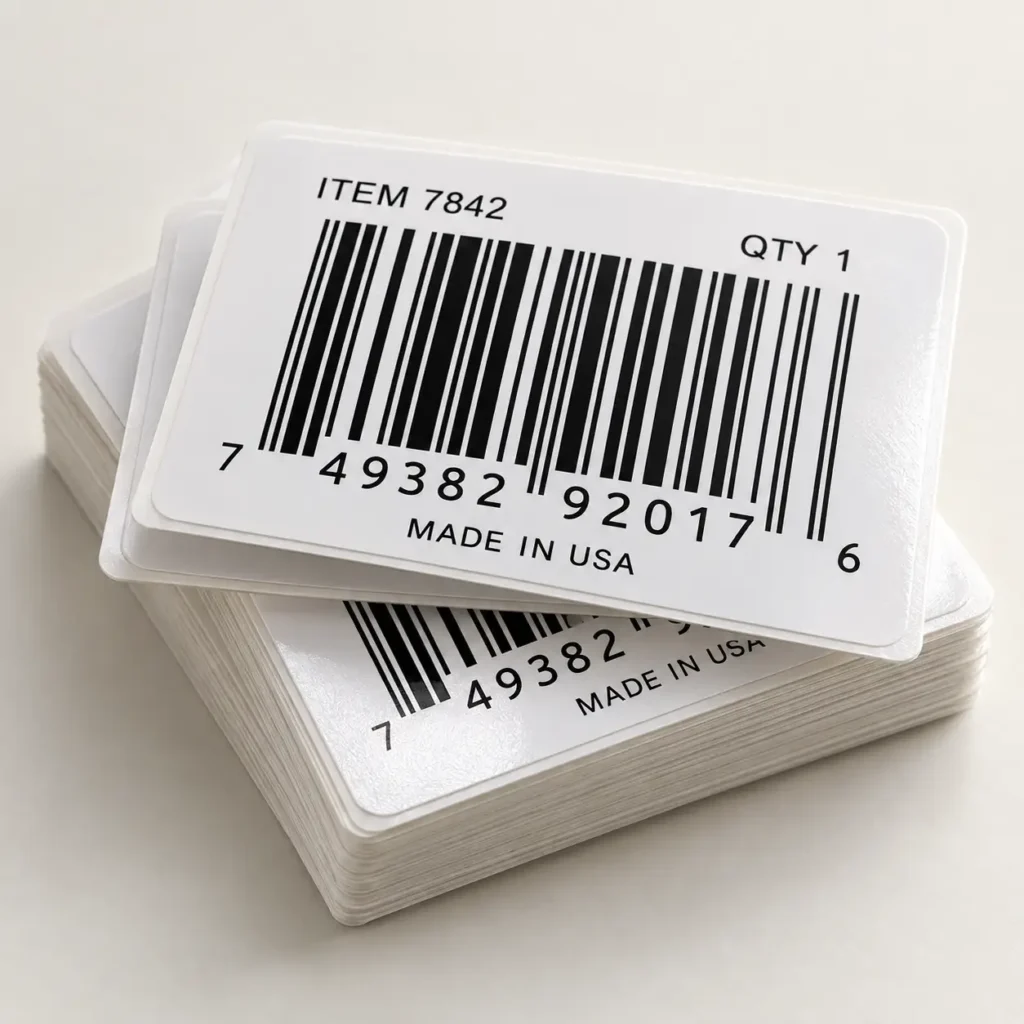 Two stacks of white barcode labels printed with ITEM 7842 UPC code and MADE IN USA text for product packaging