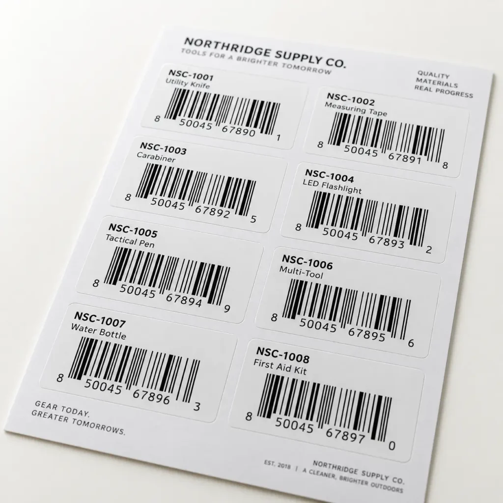 White barcode label sheet from Northridge Supply Co. featuring 8 product SKUs including utility knife and first aid kit stickers